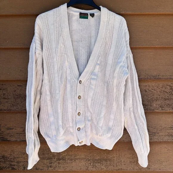 Vintage Oakton Limited L Tall White 100% Cotton Button-Up Cardigan Sweater With - Picture 1 of 6